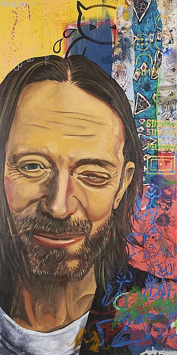 Thom Yorke, Serie la lógica del desastre (2016), Héctor Ornelas, Óleo sobre tela, 200 x 100 cm